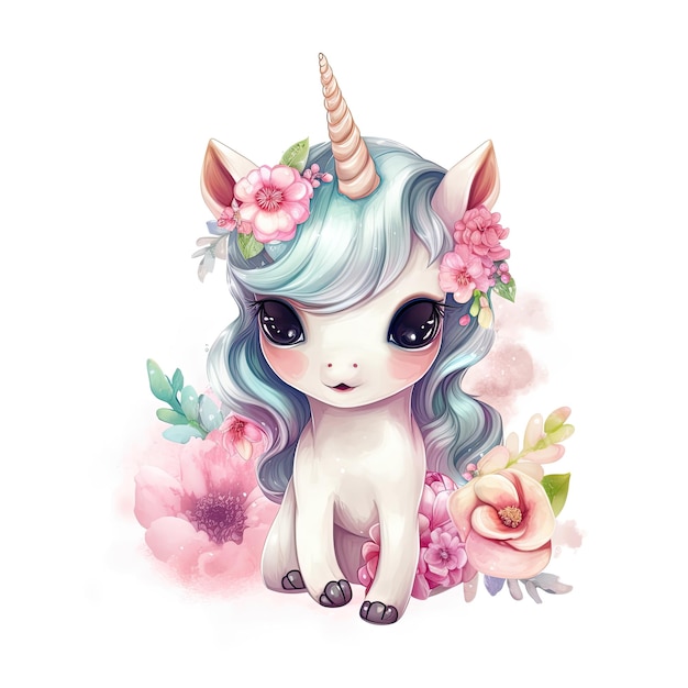 A unicorn with a flower crown on its head