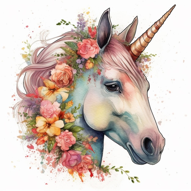A unicorn with a flower crown on its head