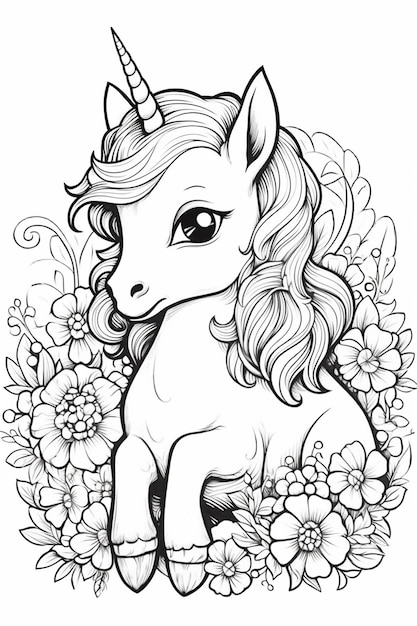 a unicorn with a flower crown sitting in the middle of a flower garden generative ai