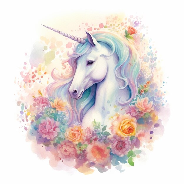 Unicorn with flowers and butterflies in the background generative ai