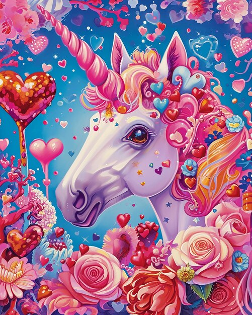 a unicorn with flowers and hearts on it