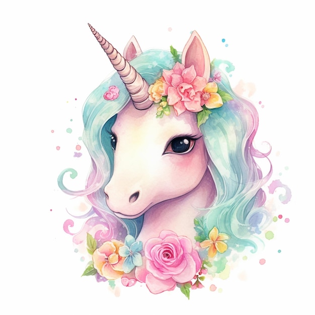 Foto unicorno con fiori e un corno sulla testa generativo ai