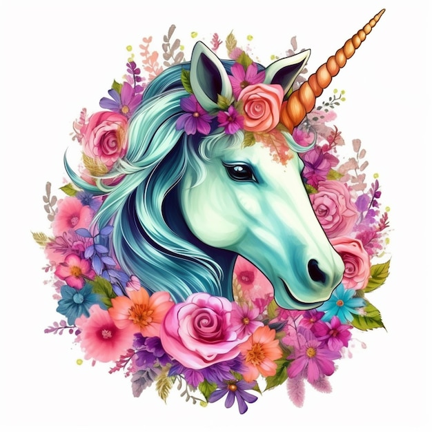 unicorn with flowers and leaves in a circle generative ai