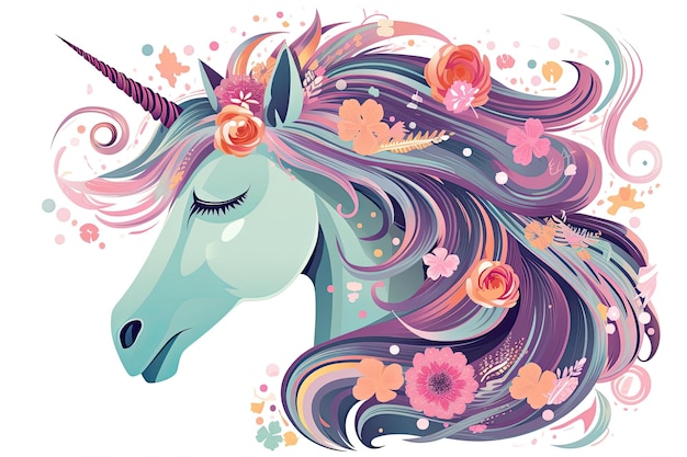 A unicorn with flowers and rainbow mane