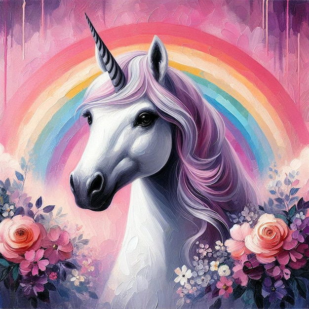 Unicorn with flowers and rainbow on pink background Digital painting