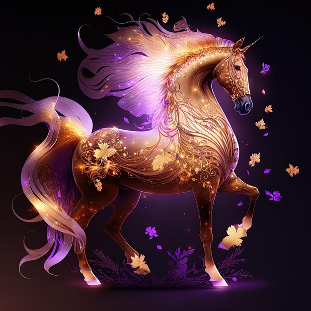 a unicorn with a gold mane and gold wings is standing in a purple and gold colored background