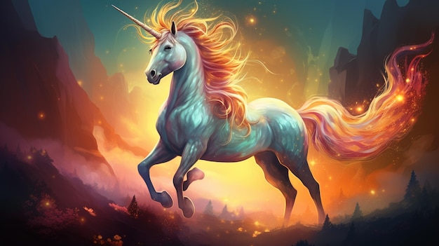 unicorn with golden mane running through a mountain landscape generative ai