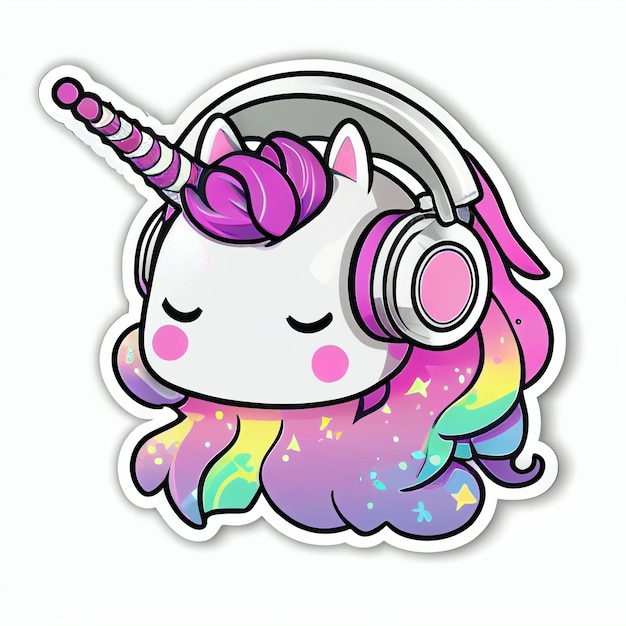 unicorn with headphones and stars sticker generative ai