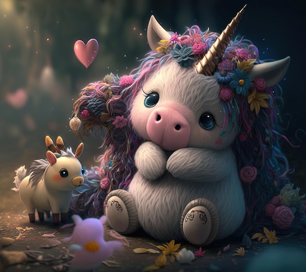 Photo a unicorn with a heart on its head sits next to a unicorn.