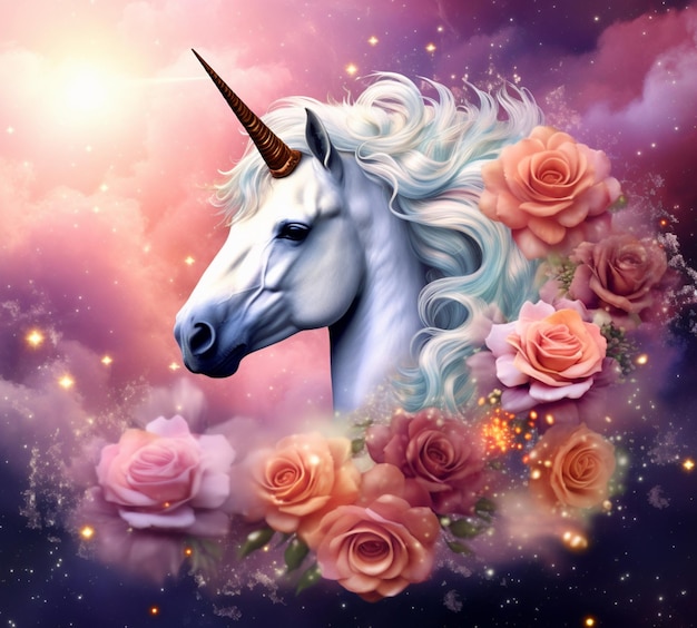 Unicorn with a horn and roses in the background generative ai