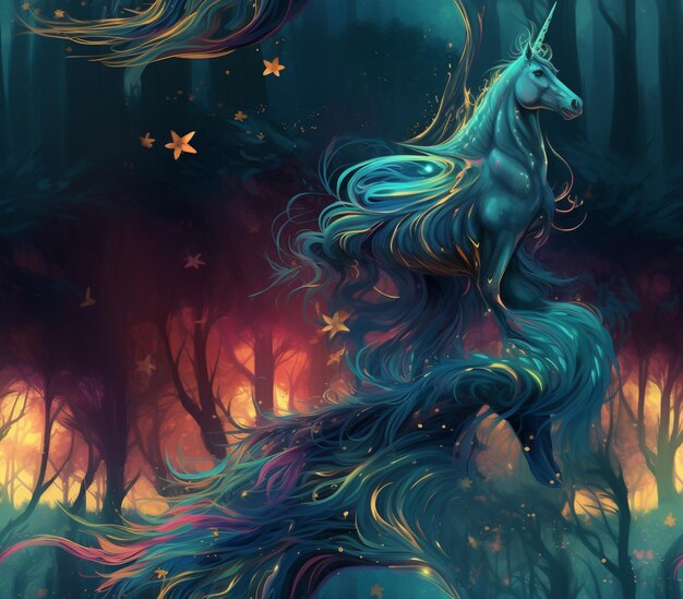 unicorn with long hair flying through the air in a forest generative ai