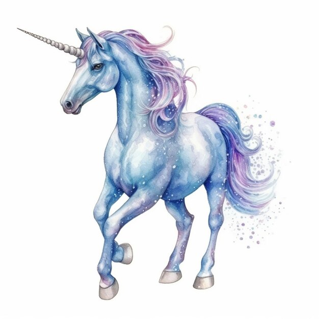 unicorn with a long mane and a blue mane is standing generative ai