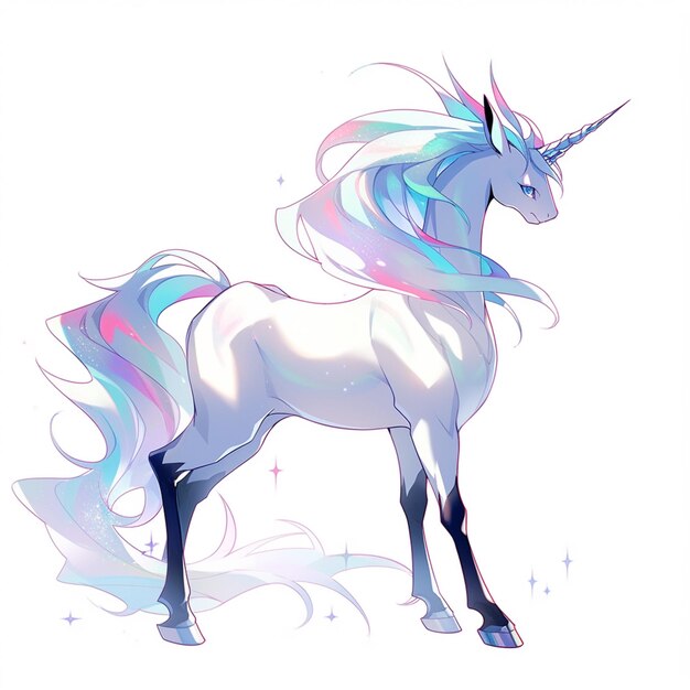 Unicorn with long mane and blue tail standing in front of a white background generative ai