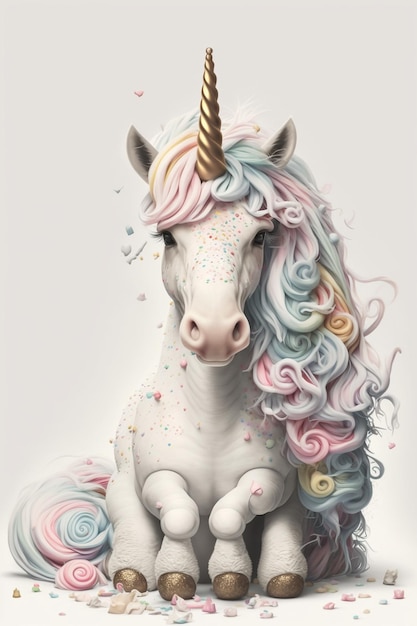 unicorn with long mane and colorful hair sitting on the ground generative ai