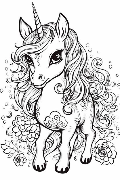 a unicorn with a long mane and a flower on its head generative ai