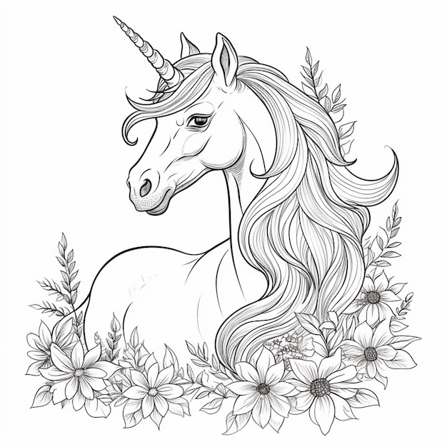 Photo a unicorn with a long mane and flowers in the background generative ai