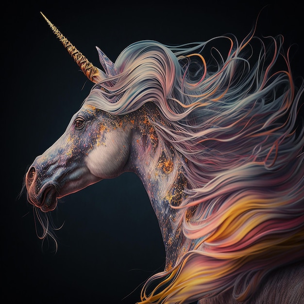 A unicorn with a long mane and a gold horn.