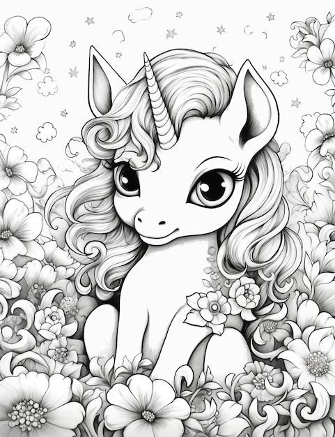 A unicorn with a long mane and horns is surrounded by flowers.