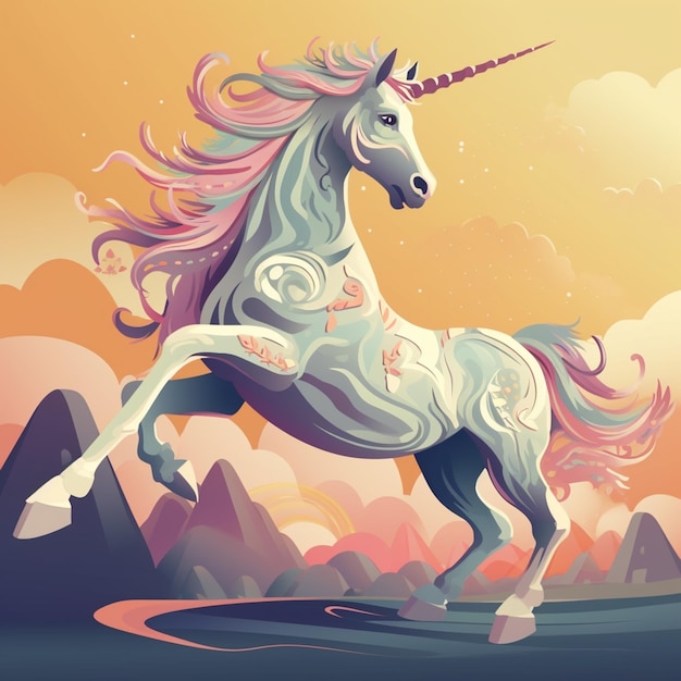 Unicorn with long mane and pink mane standing on a hill generative ai