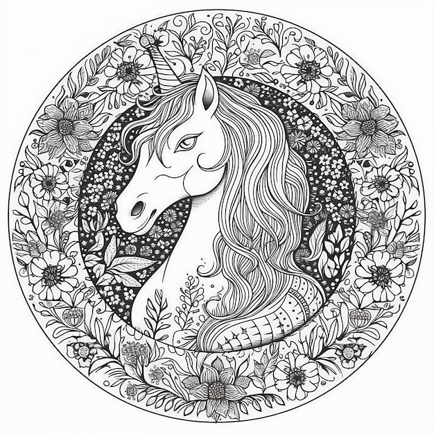 A unicorn with a long mane and tail is in a circle of flowers.