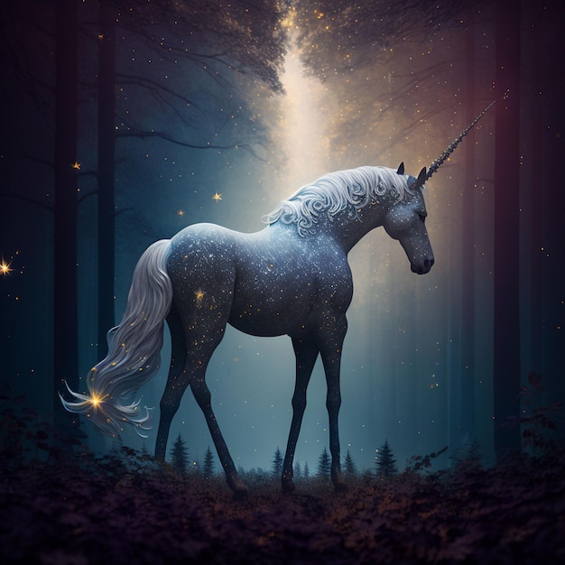 A unicorn with a pattern on its head is in a forest.