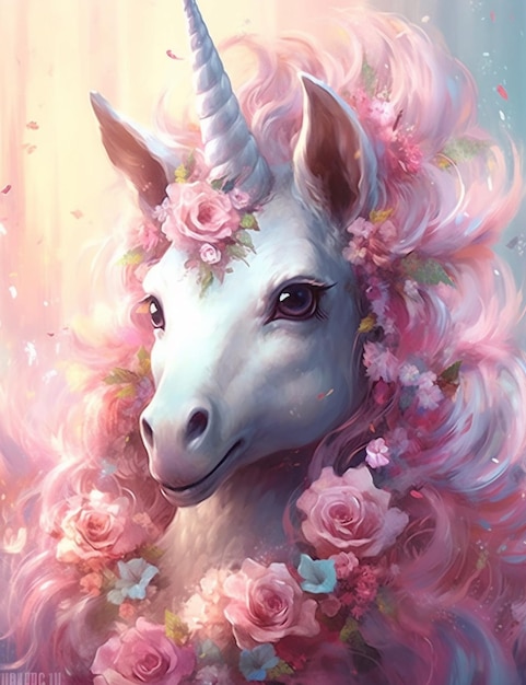 Unicorn with pink hair and flowers in its mane generative ai