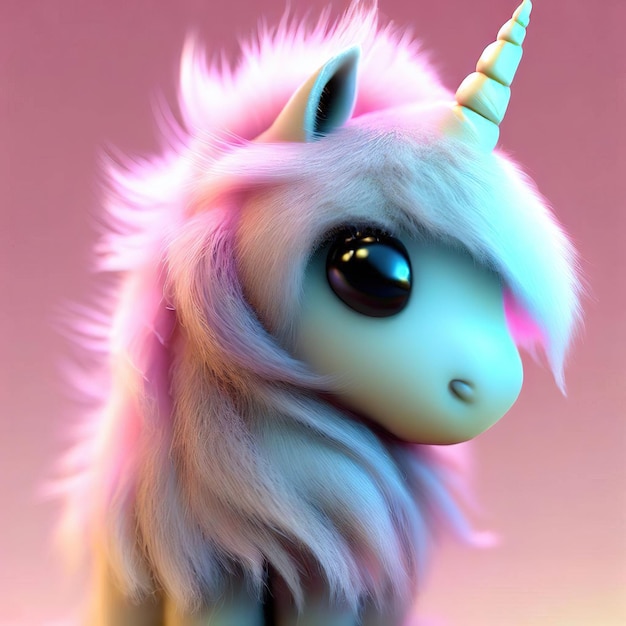 A unicorn with a pink mane and black eyes sits on a pink background.