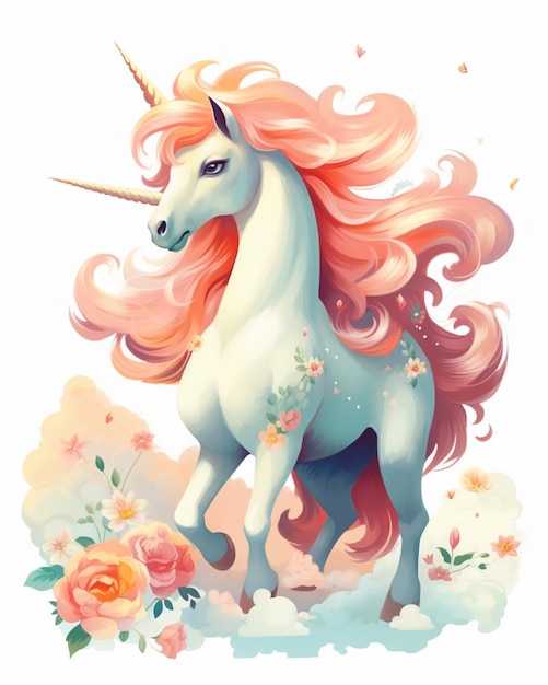 Foto unicorno con criniera rosa e fiori sullo sfondo generativo ai