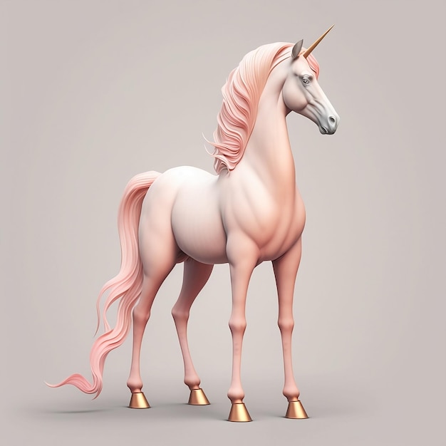 A unicorn with a pink mane and pink hair is standing on a light brown background.