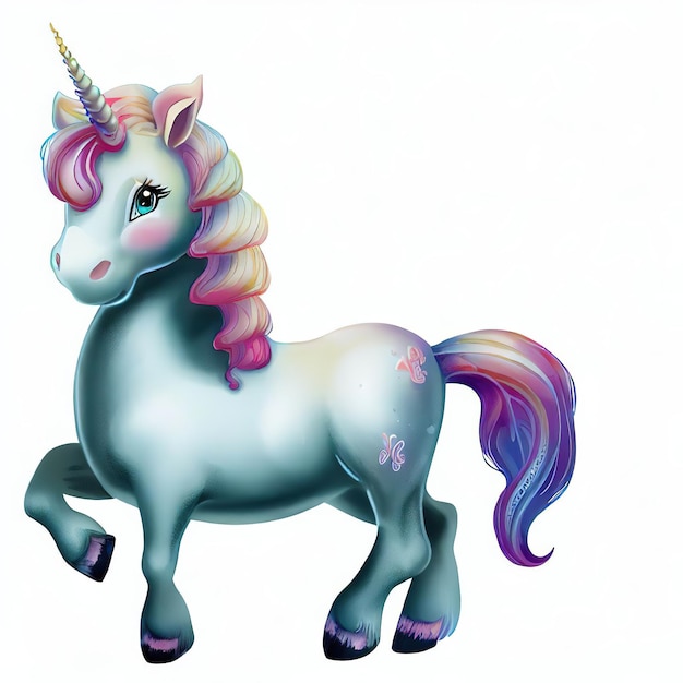 A unicorn with a pink mane and purple and blue eyes is on a white background.