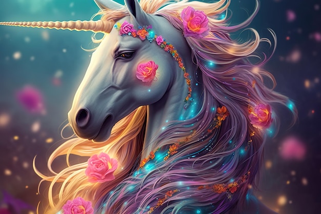 A unicorn with a pink mane and roses on it