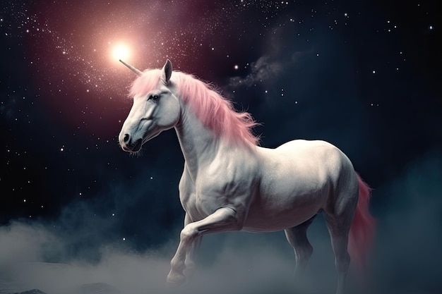 The unicorn with a pink mane and tail in a magical space Generative AI