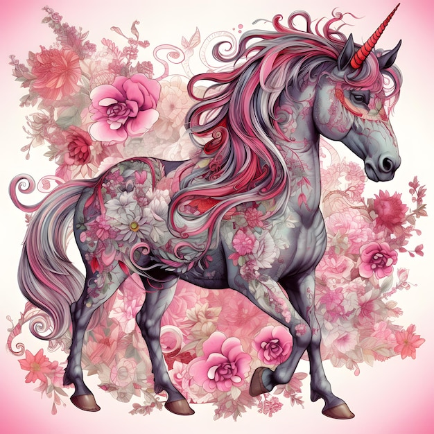 A unicorn with a pink and red mane and a pink horn.