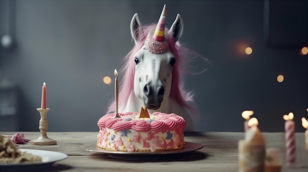 A unicorn with a pink unicorn hat looks at a cake with candles on it.