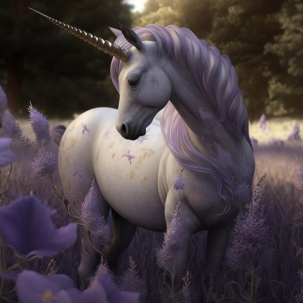 A unicorn with a purple flower in the middle