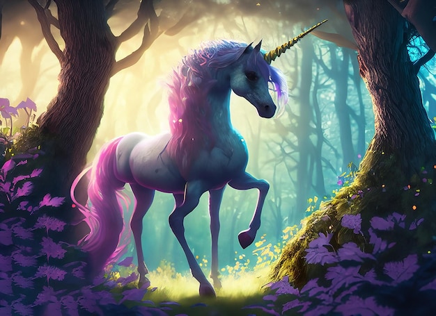 A unicorn with purple hair and purple tail stands in a forest.
