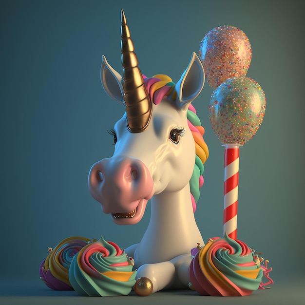 A unicorn with a rainbow colored mane and a candy cane on its head.