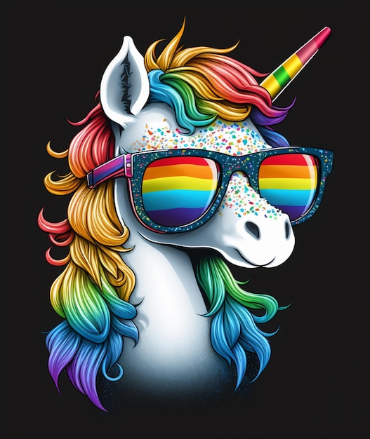 Foto unicorno con occhiali arcobaleno e una criniera arcobaleno