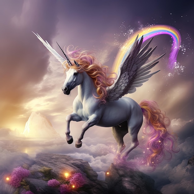 Photo an unicorn with a rainbow on its head is flying through the sky