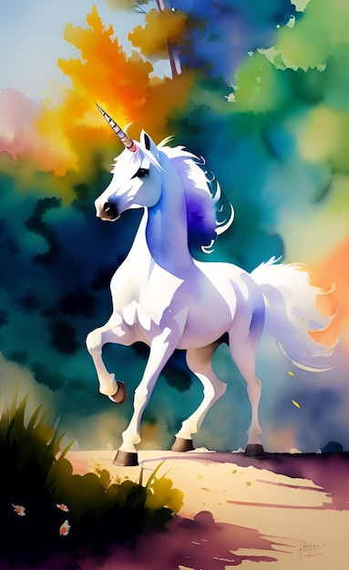 A unicorn with a rainbow on its head is standing in a field.