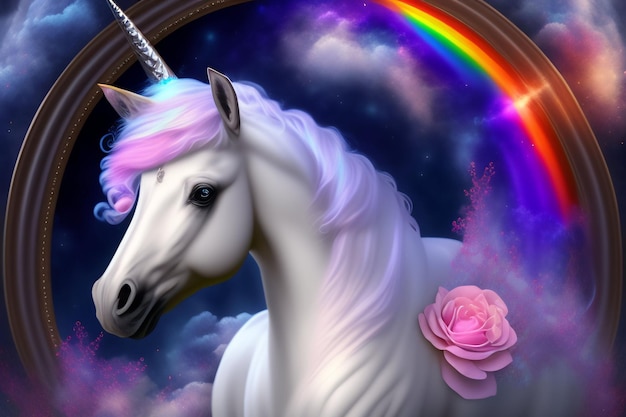 A unicorn with a rainbow on its head