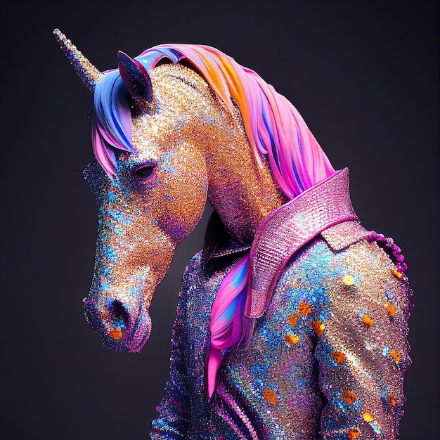 A unicorn with a rainbow mane and blue and pink hair.