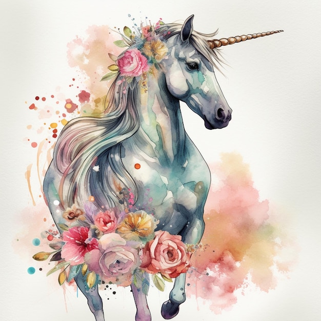 A unicorn with a rainbow mane and flowers on it