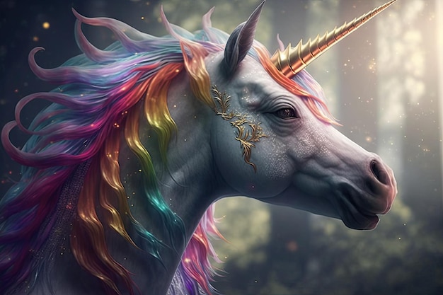 A unicorn with a rainbow mane and a gold chain on its neck