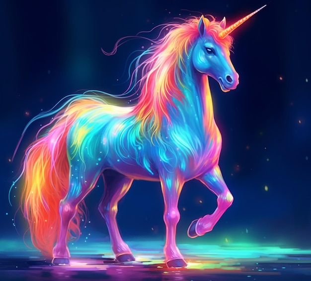 Unicorn with a rainbow mane and a long mane standing in the water generative ai