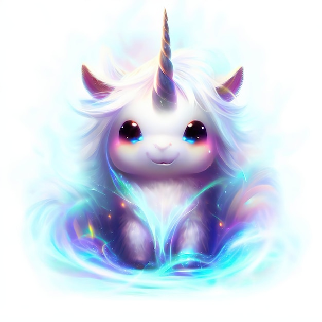 A unicorn with a rainbow mane and pink eyes sits in a blue circle.