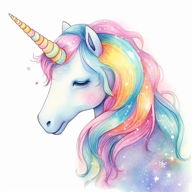 Foto unicorno con una criniera arcobaleno e stelle sulla testa ai generativa