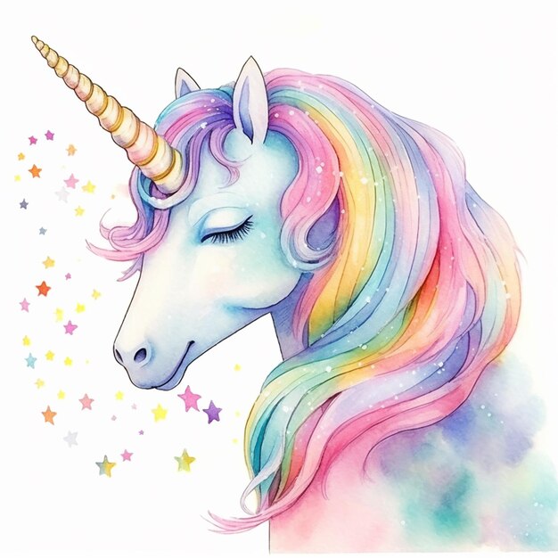 Foto unicorno con criniera arcobaleno e stelle su sfondo bianco ai generativa