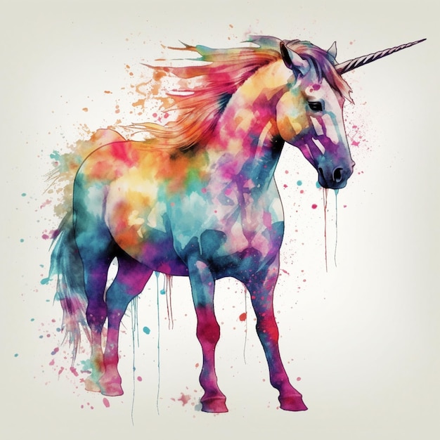 A unicorn with a rainbow mane and tail is painted on a white background.