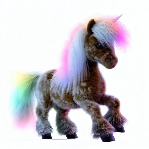 A unicorn with a rainbow mane and a tail is standing in front of a white background.